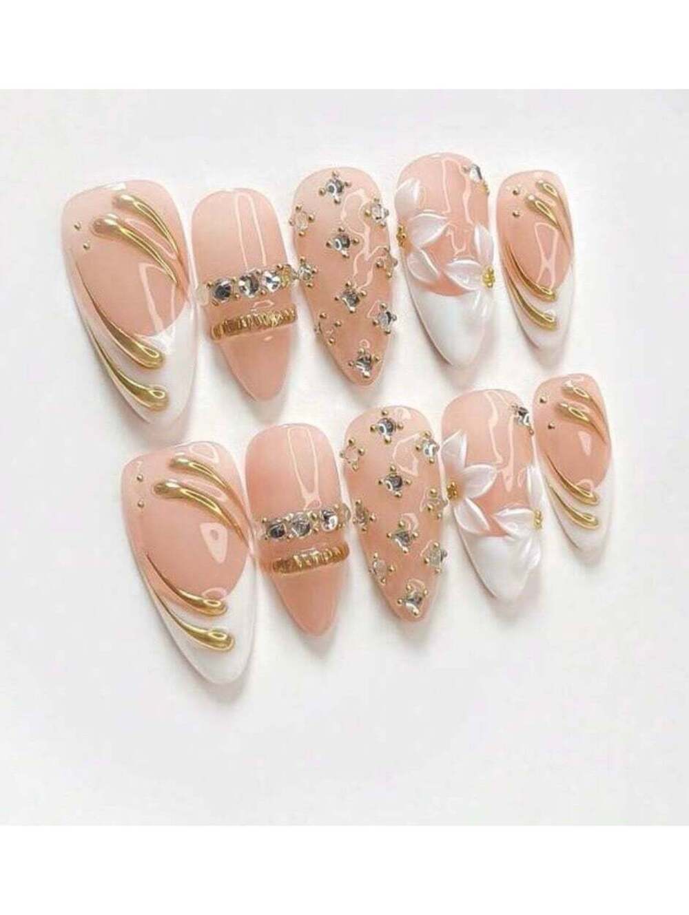 Medium almond Press on nails gold chrome white French tips - Picture 1 of 1